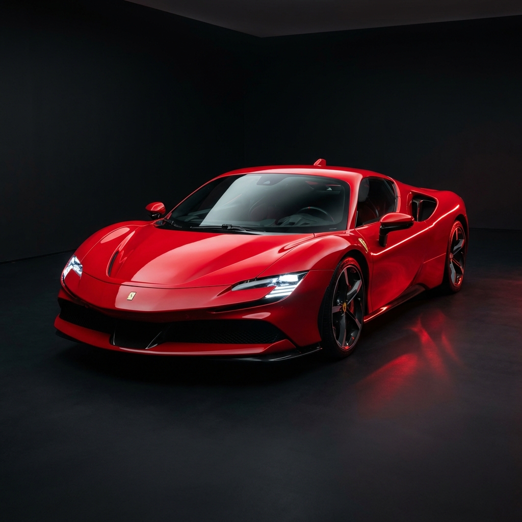 Ferrari SF90 Stradale in Rosso Corsa red, hybrid V8 producing 986 HP, 0-60 in 2.5 seconds, rental price $2,500/day