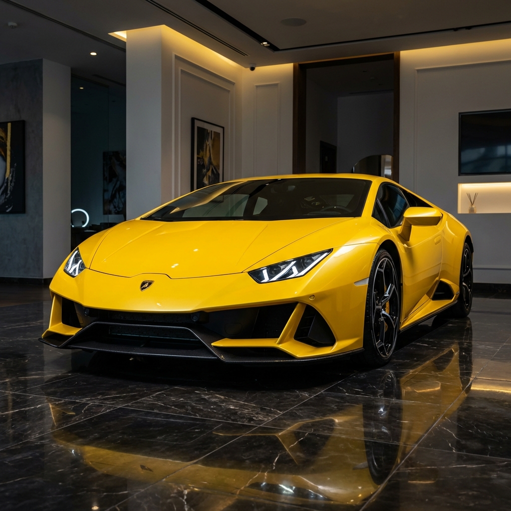 Lamborghini Huracán EVO in Giallo Inti yellow, V10 engine producing 640 HP, 0-60 in 2.9 seconds, rental price $1,500/day