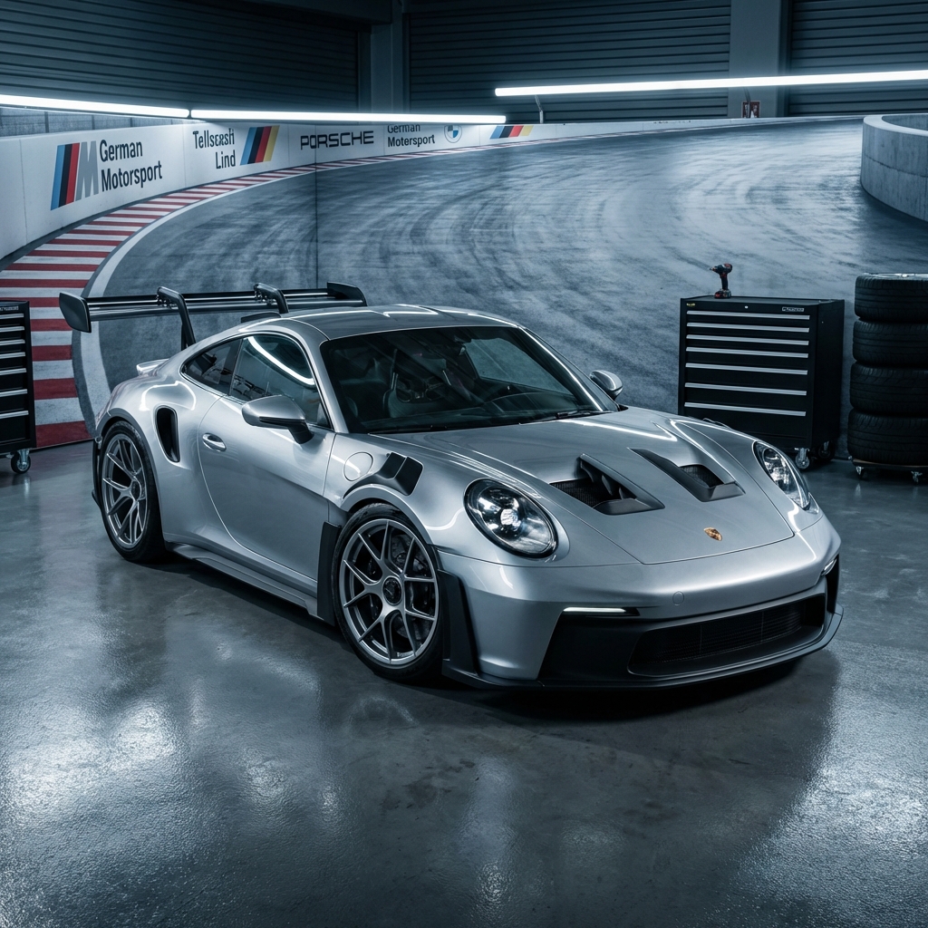 Porsche 911 GT3 RS in GT Silver, naturally aspirated flat-six producing 518 HP, 0-60 in 3.0 seconds, rental price $1,400/day